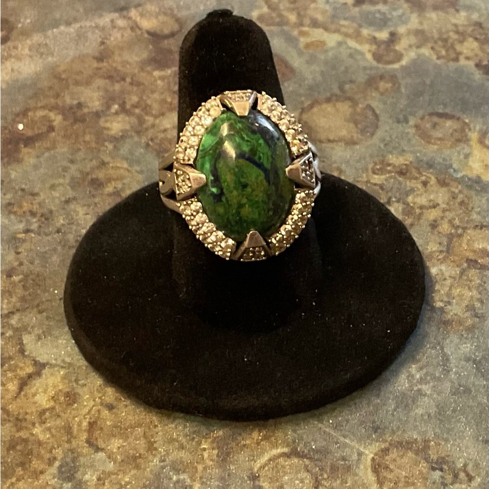 Malachite Sterling Silver with White Gemstones or CZ’s Statement Ring